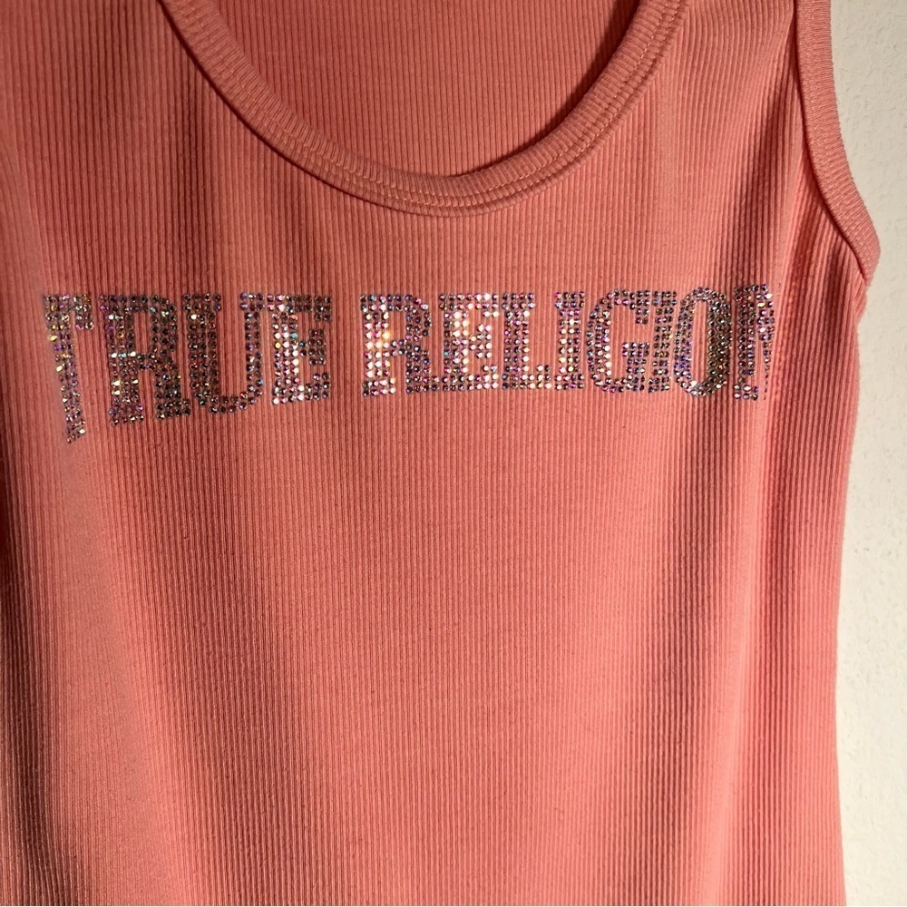 True Religion Pink Rhinestone Logo Ribbed Tank Top - Picture 2 of 6